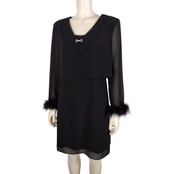 Vintage 1990s Patra Black Feather Cuff Cocktail Shift Dress Size 8P - Picture 3 of 12